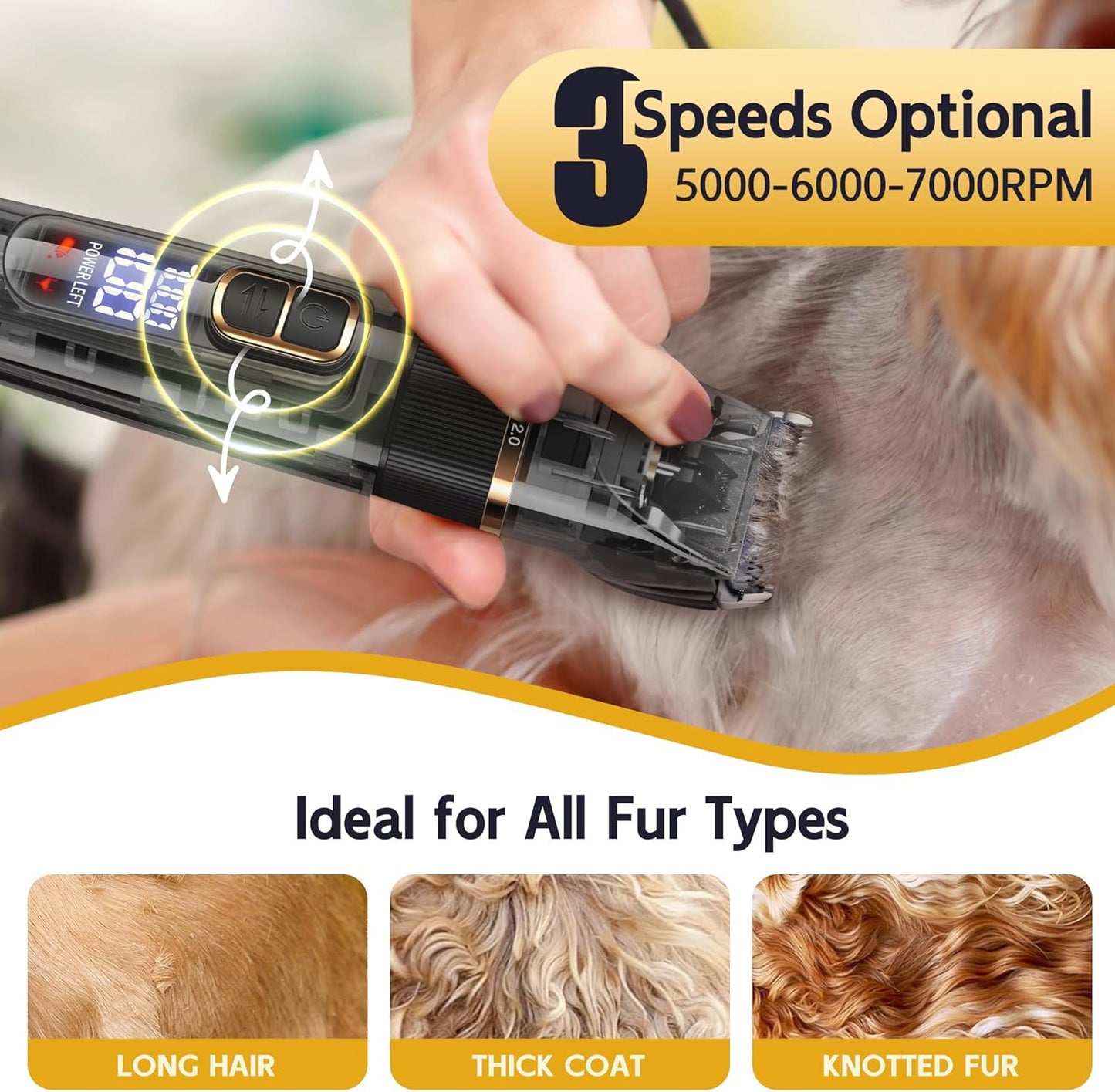 Dog Grooming Kit with LED Display, 3-Speed, Low Noise, Rechargeable, Cordless, Waterproof Clippers for Dogs Cats Small & Large Pets with Thick Coats