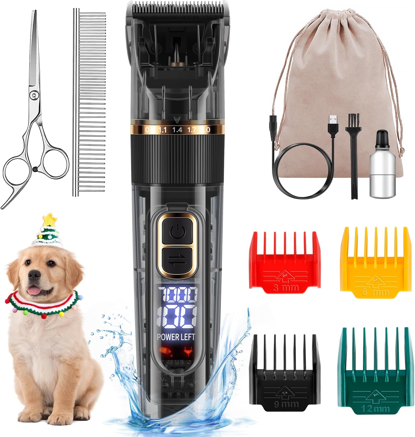 Dog Grooming Kit with LED Display, 3-Speed, Low Noise, Rechargeable, Cordless, Waterproof Clippers for Dogs Cats Small & Large Pets with Thick Coats